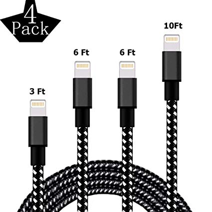 [4-Packs] iPhone Charger,MFi Certified Lightning Cable,(3/6/6/10FT) Extra Long Nylon Braided Charging&Syncing Cord Compatible with iPhone Xs/XR/XS Max/X/7/7Plus/8/8Plus/6S/6SPlus/5/5s/5c(Black&White)