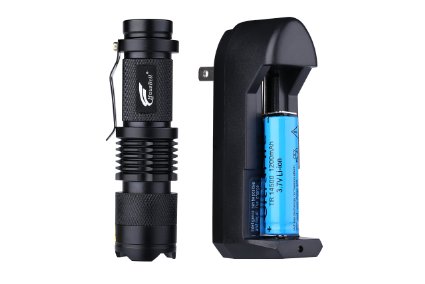 Hausbell 7W Mini LED Flashlight - Rechargeable 14500 Battery and Charger Included (Black)