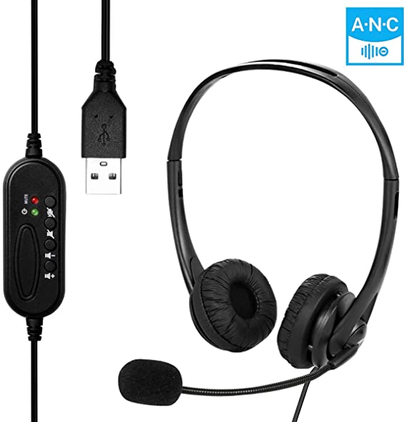 USB Headset with Microphone,USB Wired Stereo PC Headphone with Microphone Noise Cancelling & Audio Controls for Call Center/Office/Conference Calls/Online Course Chat/Skype/G-oogle Voice etc