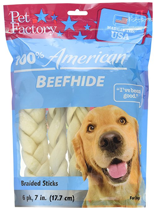 Pet Factory 78105 100% American Beefhide 7-8 inch Braided Rawhide Sticks for Dogs. Made in USA 6 Pack