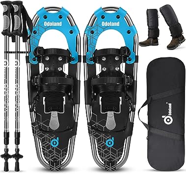 Odoland 4-in-1 Snowshoes for Men Women Youth Kids with Trekking Poles, Waterproof Snow Leg Gaiters and Carrying Tote Bag, Lightweight Snow Shoes Easy to Wear Aluminum Alloy, Size 21''/25''/30''