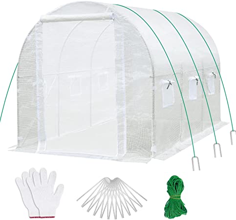 Large Walk-in Greenhouse with Screen Doors, Ohuhu 10'x6.6'x6.6' Green House with 2 Zippered Doors & 6 Screen Windows, Heavy Duty Plastic Plant Hot Warm House with Steel Frame, Ropes & Ground Staples