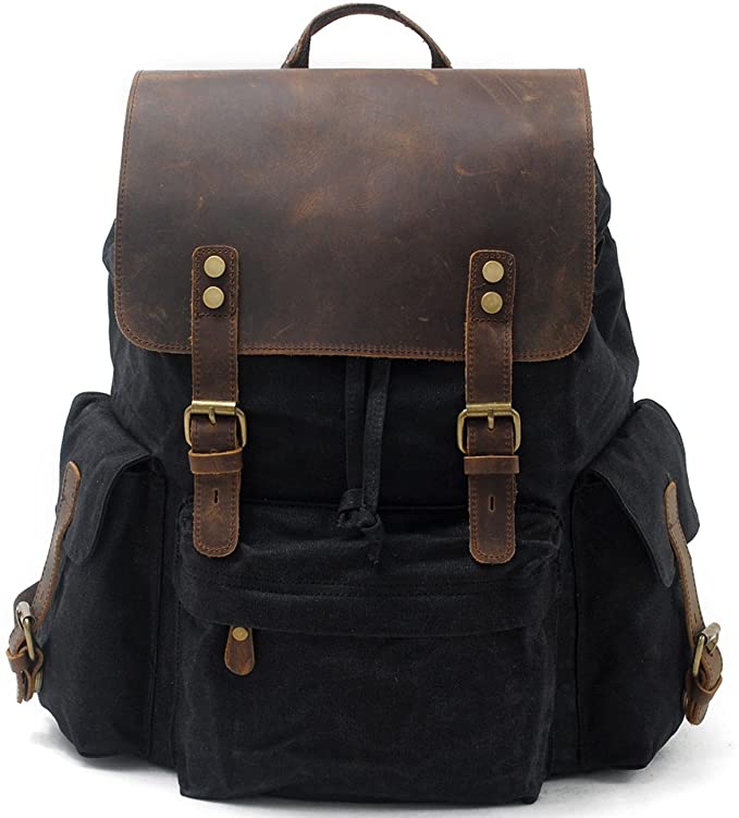 SUVOM Vintage Canvas Genuine Leather Laptop Backpack for Men School Bag 15.6" Water Resistant Travel Rucksack