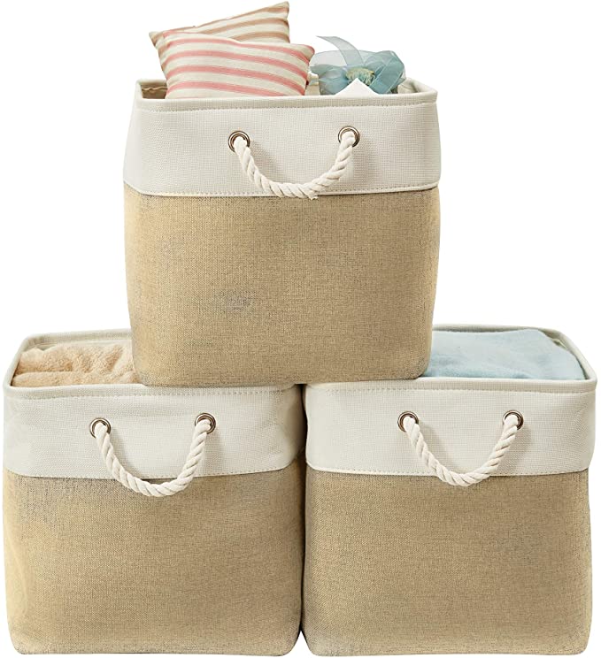 DECOMOMO Foldable Storage Bin | Collapsible Sturdy Cationic Fabric Storage Basket Cube W/Handles for Organizing Shelf Nursery Home Closet (Beige & White, Cube - 13 x 13 x 13-3 Pack)