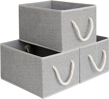 StorageWorks Closet Organizers with Handles, Rectangular Storage Baskets for Shelves, Foldable Closet Storage Bins for Linen Closet, 3-Pack, Gray