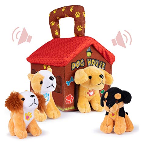 Plush Dog House Carrier with 4 Stuffed Animal Dogs Interactive Barking Sounds Playtime Toy and Great Gift for Kids Toddlers Babies, Soft and Cuddly 4" Plush Talking Dogs (Dog House)
