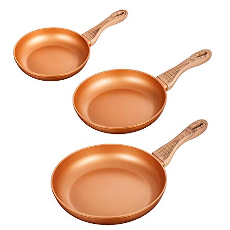 Nonstick Frying Pan, AICOOK Fry Pan, Induction Fry Pan, Copper Pan, Copper Cookware, Dishwasher Safe PFOA Free Fry Pan/Saute Pan Cookware Set, Wood Grain Handle