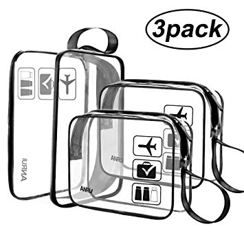 (3 Pack) TSA-Approved Clear Travel Toiletry Bag With Handle Strap, ANRUI Airline Kit 3-1-1 Clear Liquids Toiletries & Cosmetics Organizer Carry-On Luggage for Women and Men (Black)