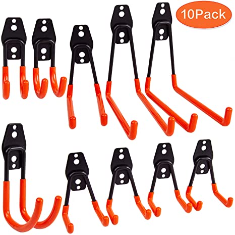 Garage Hooks and Hangers 10-Pack – Steel Storage and Utility Garage Organizer– Heavy Duty Steel and Rubber Shed Hanging Hooks for Organizing Power Tools and Bike Equipment – Wall Mounted Double Hooks