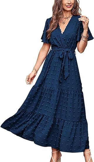 MASCOMODA Women Boho Swiss Dot Maxi Dresses Wrap V Neck Flutter Short Sleeve Solid Tie Waist A Line Tiered Flowy Long Dresses