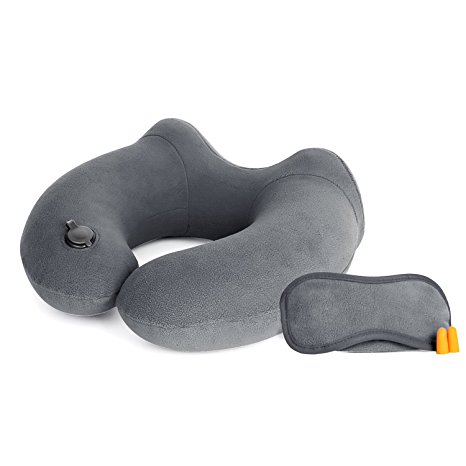 Qyuhe Inflatable Travel Neck Pillow with Sleep Mask Earplugs Carry Bag Polar Fleece (Gray)