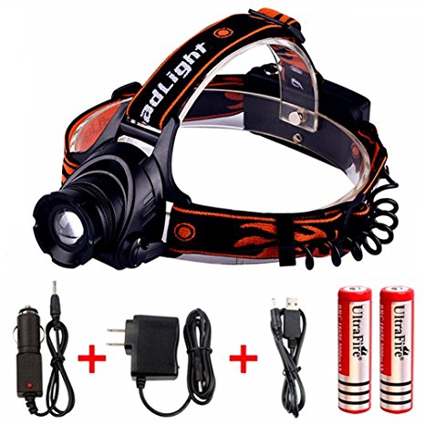 Benran Waterproof LED Headlamp Headlight Rechargeable Head Flashlight Lamp with Xm-l T6 4 Modes Outdoor Sports Hiking Camping Riding Fishing Hunting (Single lamp black)