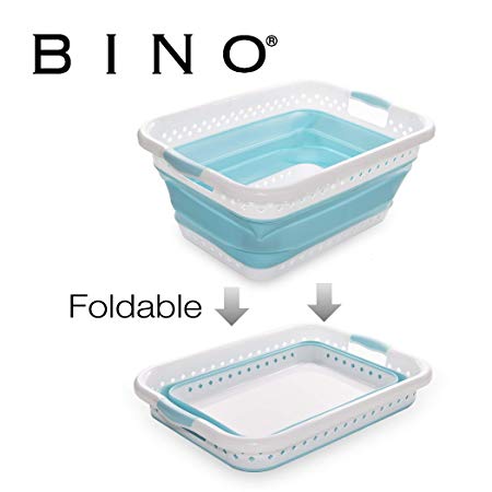 BINO Collapsible Plastic Laundry Basket - Space Saving Foldable Pop Up Hamper Bin, Light Blue