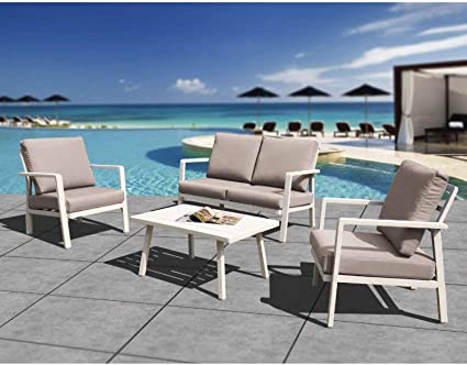 HL Outdoor Patio Furniture Aluminum Frame 4-Piece Cushioned Conversation Set with Coffee Table, Modern Chat Set Home Crested Bay Furniture (Beige)