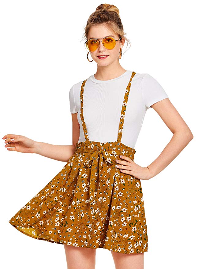 Romwe Women's Floral Print Self Tie Waist Crisscross Pinafore Overall Dress