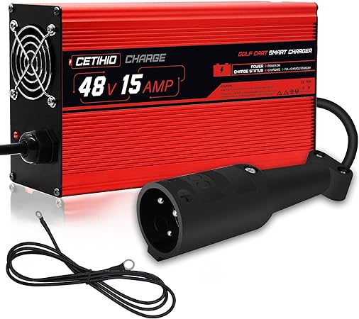 48 Volt Golf Carts Battery Charger for Club Car, 15 Amp Quick Charger with Trickle Charge-3 Pin Round Plug, Upgraded, 900W Smart Charge, 16FT