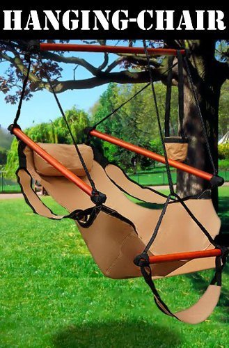 SueSport New Deluxe Hanging Sky Air Chair Swing Hammock Chair W/ Pillow and Drink Holder - Tan