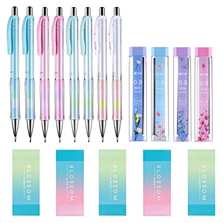 17 PCS Mechanical Pencil Set, 8 PCS 0.9 mm Mechanical Pencils with Eraser Design, 4 Tubes 2B Lead Refills, 5 Piece Erasers For School and Office (PinkBlue)