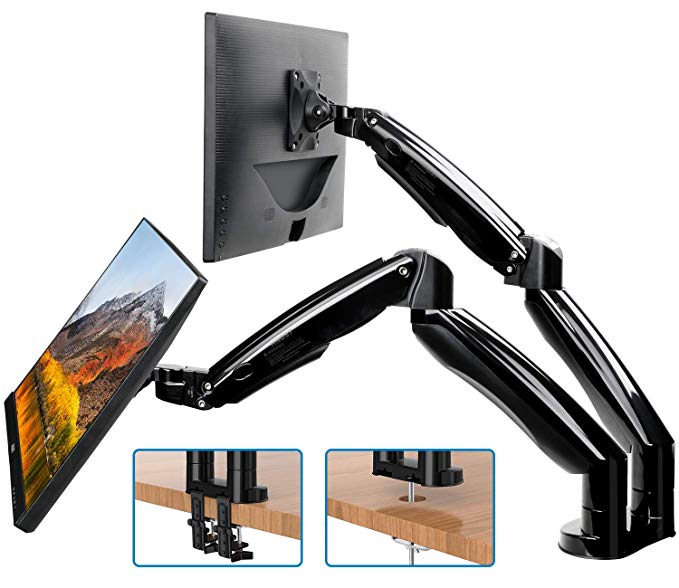 Dual Monitor Mount Stand - Long Double Arm Gas Spring Monitor Desk Mount for 2 Screens 22 to 32 Inches Height Adjustable VESA Bracket with Clamp or Grommet Mounting Base - Each Arm Hold up to 19.8lbs