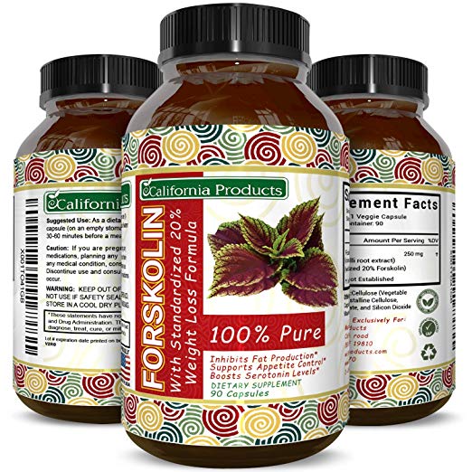 Pure 250 mg Forskolin Weight Loss Supplement for Men Women - Natural Coleus Forskohlii Diet Pills Burn Body Fat Boost Metabolism for Fast Fat Burn Results - 90 Veggie Capsules by California Products