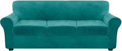 FINERFIBER Velvet High Stretch 4 Piece Sofa SlipCover | Thick Couch Cover for Pets | Couch Covers for 3 Cushion Couch | Furniture Protector for 3 Separate Cushion Couch Machine Washable (Sofa, Teal)