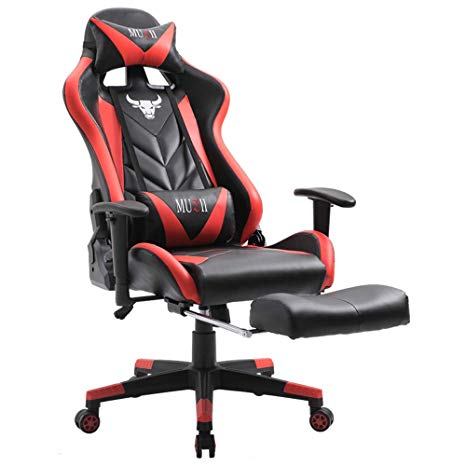 Muzii Gaming Chair Adjustable Reclining High-Back PU Leather Computer Gaming Chair Racing Style Swivel Video Game Chair with Footrest Lumbar Support and Headrest (Black Red)
