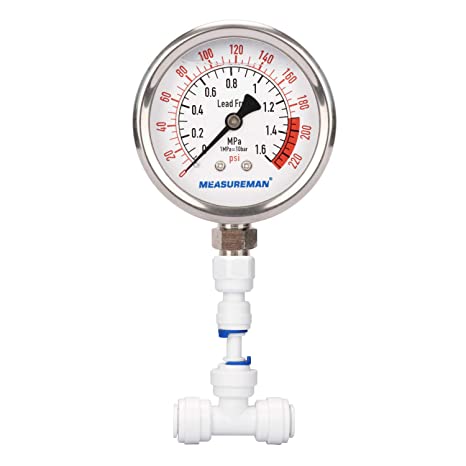 MEASUREMAN Lead Free Glycerin Filled Reverse Osmosis Pressure Gauge, Purified Water Pressure Gauge, 2-1/2" Dial Size 1/4" Lower Mount, 0-220Psi/Mpa, with PU Tube Connection