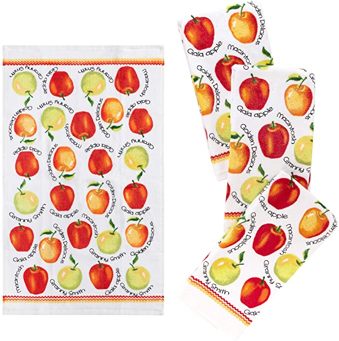Franco Kitchen Designers Set of 4 Decorative Soft and Absorbent Cotton Dish Towels, 15” x 25”, Apple Variety