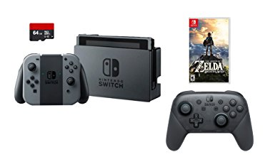 Nintendo Swtich 4 items Bundle:Nintendo Switch 32GB Console Gray Joy-con,64GB Micro SD Memory Card and an Extra Nintendo Switch Pro Wireless Controller,The Legend of Zelda