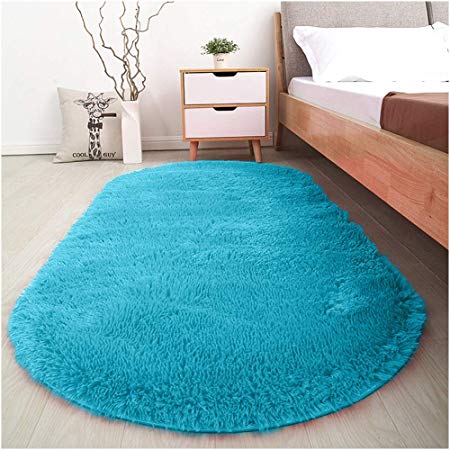 Softlife Soft Velvet Oval Area Rugs Modern Shaggy Carpet Cute Rug for Bedroom Girls Room Dining Room Home Decor 2.6' X 5.3' Turquoise Blue