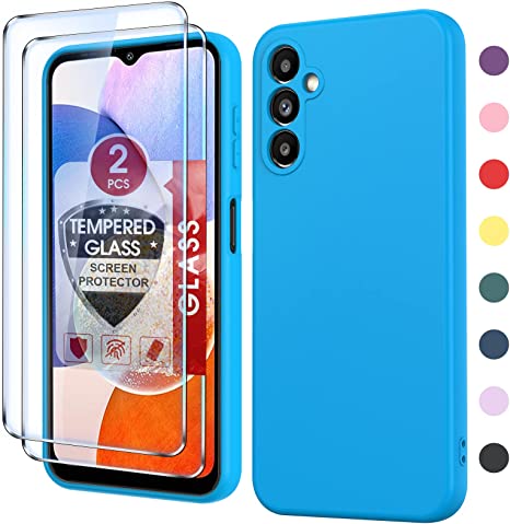 LeYi Samsung A14 5G Case, Galaxy A14 5G Case with 2 Pack Tempered Glass Screen Protector for Women Men, Liquid Silicone Slim Silky-Soft Protective Case for Samsung Galaxy A14, Sky Blue