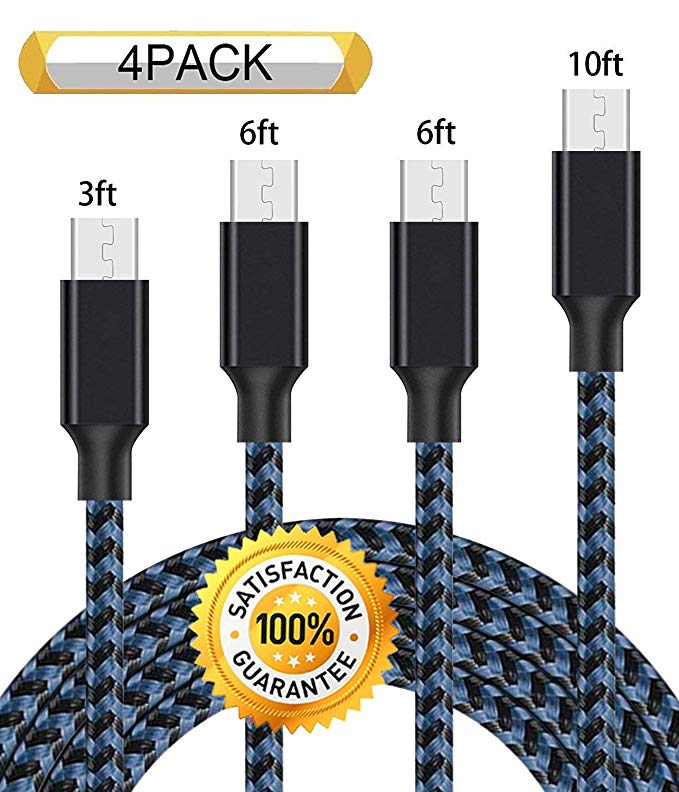 Chamfind Micro USB Cable 4Pack 3FT 6FT 6FT 10FT 5000  Bend Lifespan Premium Nylon Braided Micro USB Charging Cable Samsung Charger Cord for Samsung Galaxy S7 Edge/S7/S6/S4/S3,Note 5/4/3 -Black Blue