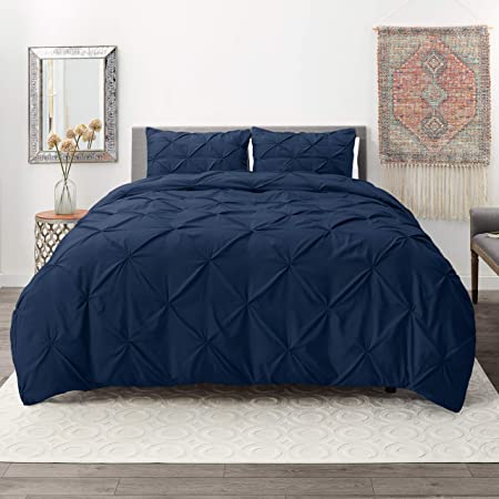 Nestl Bedding 3 Piece Pinch Pleat Duvet Cover Set | Navy Duvet Cover with 2 Pillow Shams |Microfiber King Duvet Cover Set