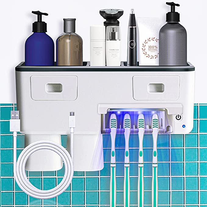 Bathroom Wall Mounted Toothbrush Holder, No Drilling Toothbrush Holder Set, Toothbrush Holder with 4 Toothbrush Slots 2 Cups 2 Drawer Boxes 1 Storage Tray for Bathroom and Vanity (White)