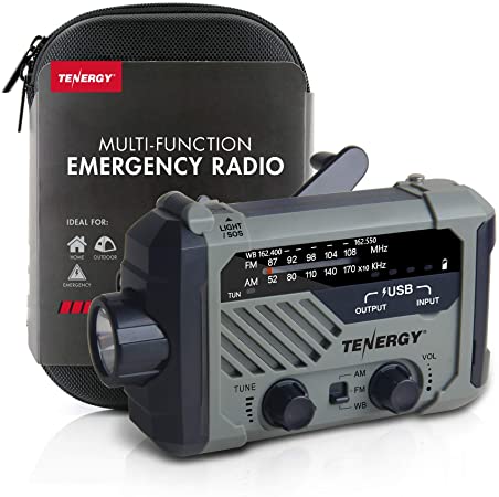 Tenergy Multifunctional Hand Crank Weather Radio with LED Flashlights, SOS Alarm, Cell Phone Charger, AM/FM/NOAA Radio Frequencies, Ideal for Emergencies