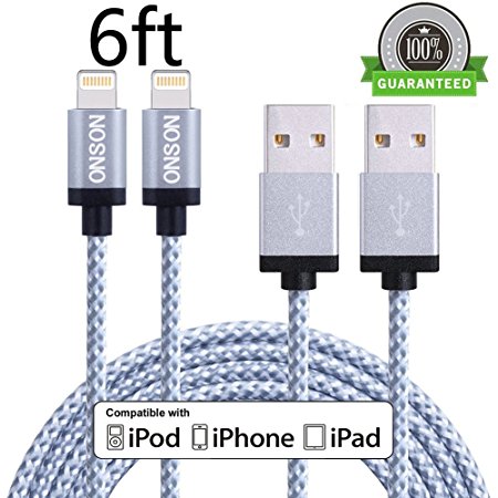 Lightning Cable,ONSON 2Pack 6ft/2m Long Nylon Braided iPhone Charging Cable Sync and Charger Cable USB Cord for iPhone 7/7 Plus/6S/6S Plus/6/6S Plus/5/5S/5C/SE,iPad 4/Air/mini,iPod Nano 7(Gray White)