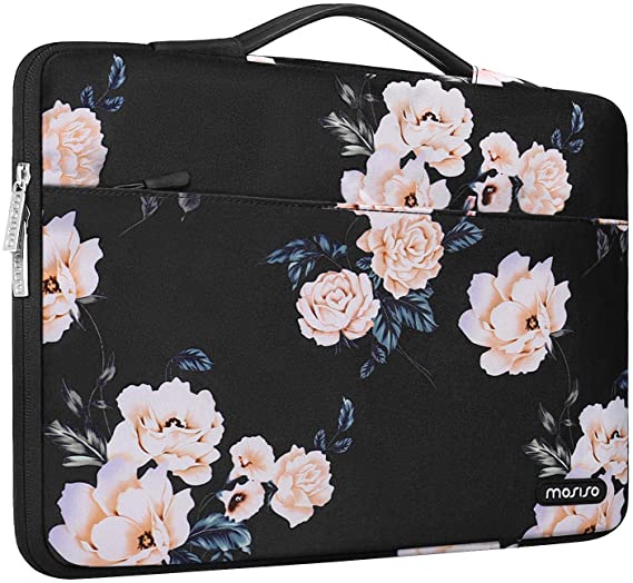 MOSISO Laptop Sleeve 360 Protective Case Bag Compatible with 13-13.3 inch MacBook Pro, MacBook Air, Notebook, Polyester Pattern Shockproof Handbag with Trolley Belt, Apricot Peony