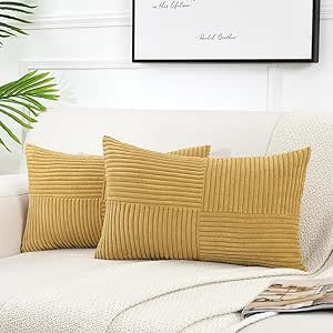 Fancy Homi 2 Packs Mustard Yellow Long Lumbar Decorative Throw Pillow Covers 12x24 Inch for Couch Bed, Rustic Farmhouse Boho Home Decor, Soft Striped Corduroy Rectangle Accent Cushion Case 30x60 cm