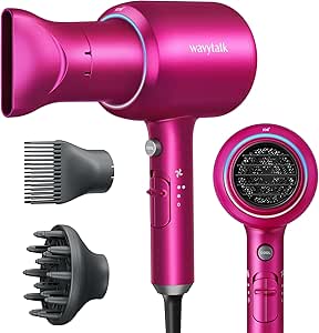 Wavytalk Negative Ions Hair Dryer Professional 1875 Watt Blow Dryer with Concentrator Diffuser and Nozzle Comb Fast Drying Light and Quiet with Ceramic Technology for All Hair Types Hot Pink