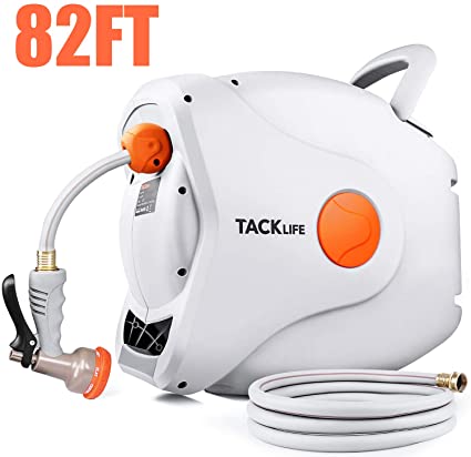 TACKLIFE Garden Hose Reel 82 8FT Wall Mounted Retractable,8 Patterns Hose Nozzle, Automatic Telescopic Water Pipe, Safe Speed Retraction,Washing Backyard, Garden, and Car