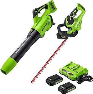 Greenworks 48V (2 x 24V) Cordless Brushless Axial Leaf Blower，24V Hedge Trimmer Combo Kit