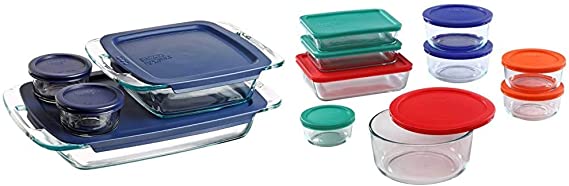 Pyrex Grab Glass Bakeware and Food Storage Set, 8-Piece, Clear & Simply Store Meal Prep Glass Food Storage Containers (18-Piece Set, BPA Free Lids, Oven Safe),Multicolored