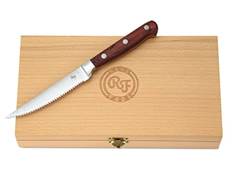 6-piece Stainless Steel Steak Knife Set with Serrated Edges, Wood Handles and Presentation Case from Rare Fool
