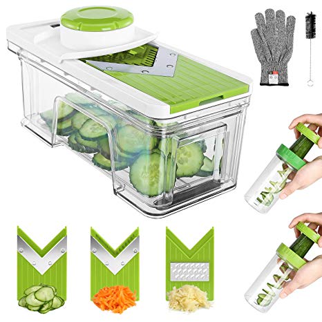 Mandoline Slicer,ONSON Vegetable Chopper Adjustable Mandolin Slicer with Spiralizer-V Blades Food Vegetable Cutter with Julienne Grater Zoodle Maker Include Clean Brush and Glove