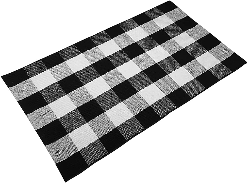 Delxo Cotton Buffalo Plaid Rug,24"x36" Hand-Woven Indoor or Fall Outdoor Rugs for Layered Fall Door Mats Washable Carpet for Front Porch/Kitchen/Farmhouse/Entryway (Black&White)