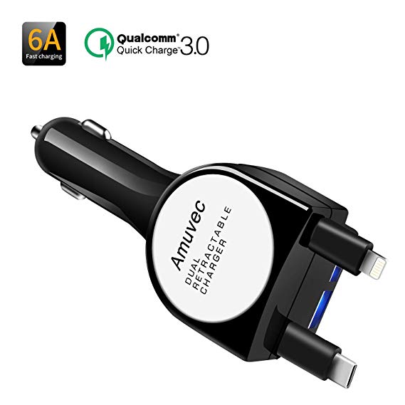 Amuvec Car Charger(6A/40W), Dual Retractable Cable Fast Charging with 2.7ft Type C (QC3.0) and Phone Cord, and 2 Led USB Ports.Compatible with Phone 11pro XR X XS Samsung Galaxy S9 S8 Google Pixel 2XL