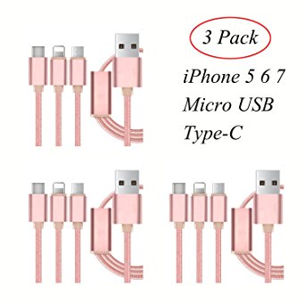 Anpow 3 pack of 3 in 1 iPhone Type C Micro usb Cable Braided Charging cable lightning cable to USB Syncing Charging,iphone 6 charger cord for iPhone 5 5s 6 6s 6 plus 6s plus 7 7 plus