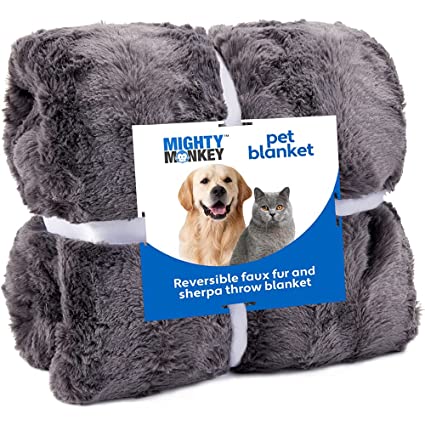 MIGHTY MONKEY Premium Pet Blanket, 47x40 Inch, Soft and Cozy Reversible Sherpa Throw Blankets for Pets, Warm Plush Material, Machine Washable, Non Shedding Cat, Dog Throws, Large Size, Fluffy Gray