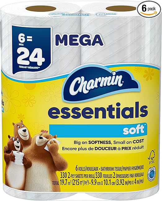Charmin Essentials Soft Toilet Paper 6 Mega Rolls, 330 sheets per roll