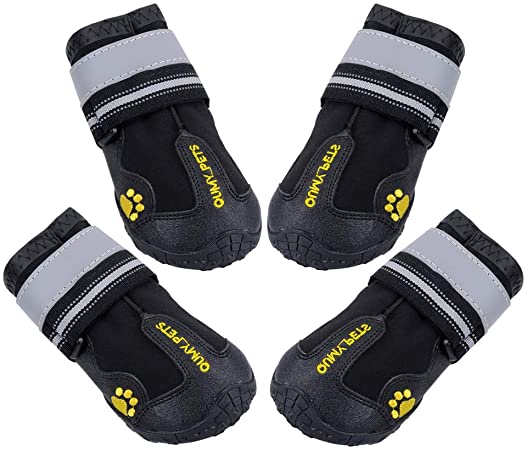 QUMY 4 Piece Dog Boots Waterproof Shoes for Large Dogs with Reflective Velcro Rugged Anti-Slip Sole, Black, 8